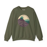 Olive green sweatshirt with Pacific Northwest mountain scene in a modern circle design.