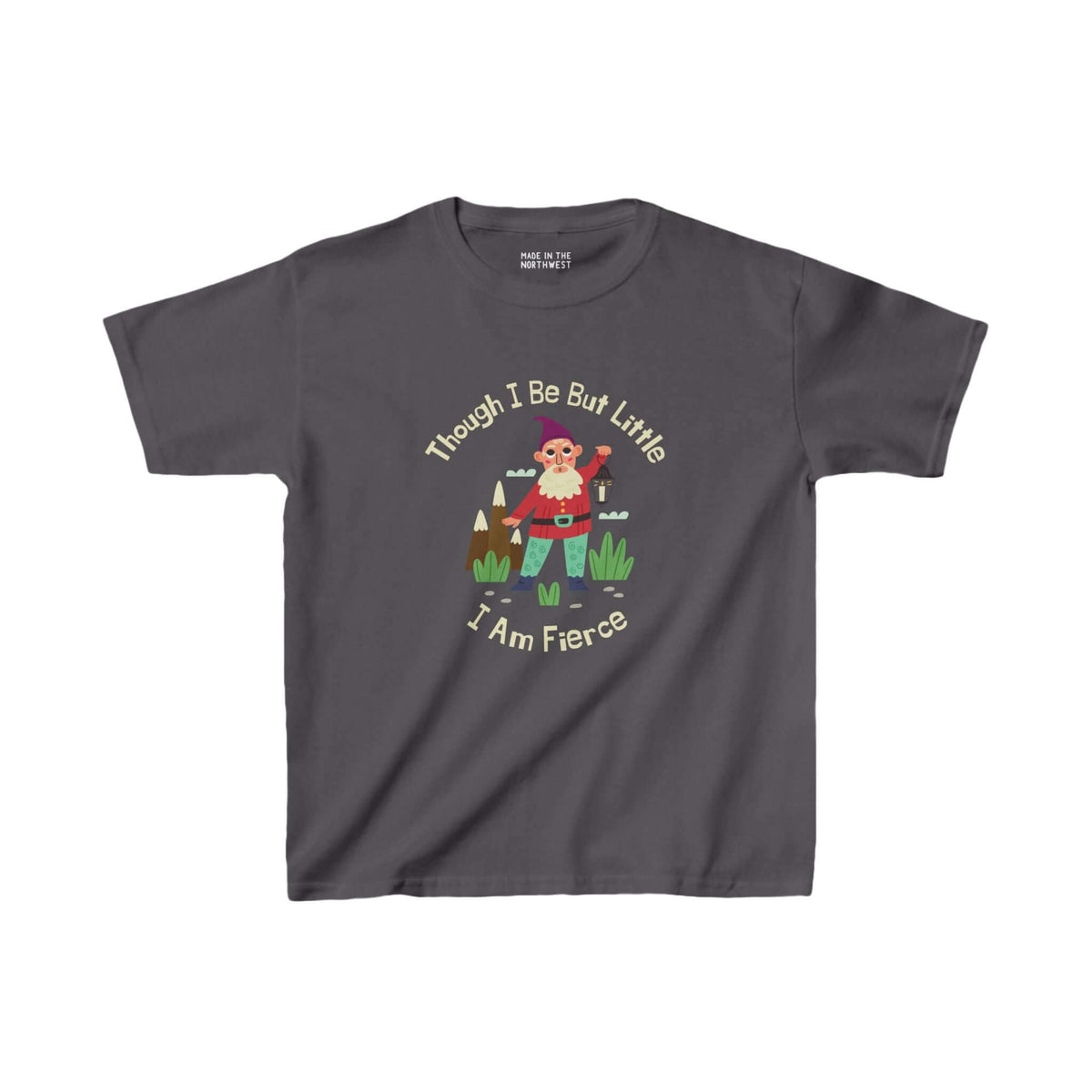 Gnome kids' tee with "Though I Be Little, I Am Fierce" text, featuring a colorful gnome design on a gray t-shirt.