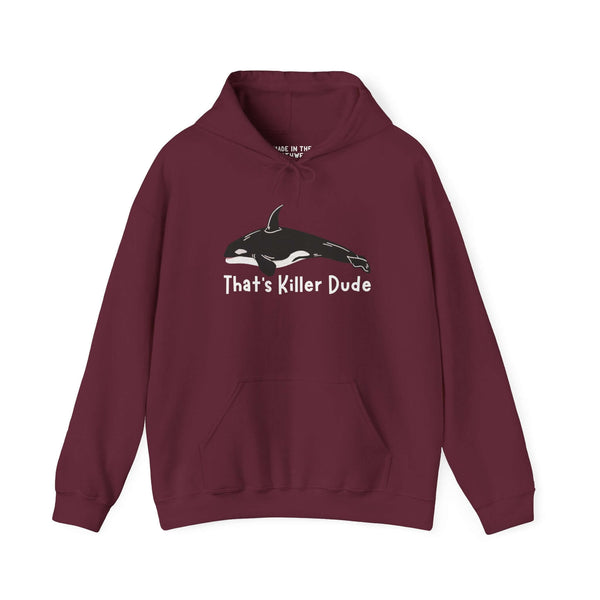 That's Killer Dude Orca Hoodie in maroon, featuring a killer whale design, perfect for marine life fans.