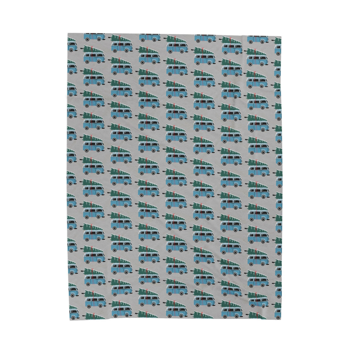 Camper Van Blanket featuring vintage Volkswagen buses with Christmas trees in a fun repeating pattern.