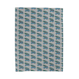 Camper Van Blanket featuring vintage Volkswagen buses with Christmas trees in a fun repeating pattern.
