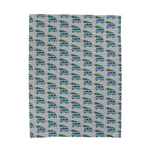 Camper Van Blanket featuring vintage Volkswagen buses with Christmas trees in a fun repeating pattern.
