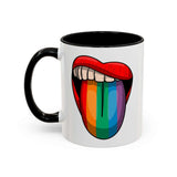 Rainbow Tongue Mug with a colorful tongue graphic and black handle for a playful sip of joy.