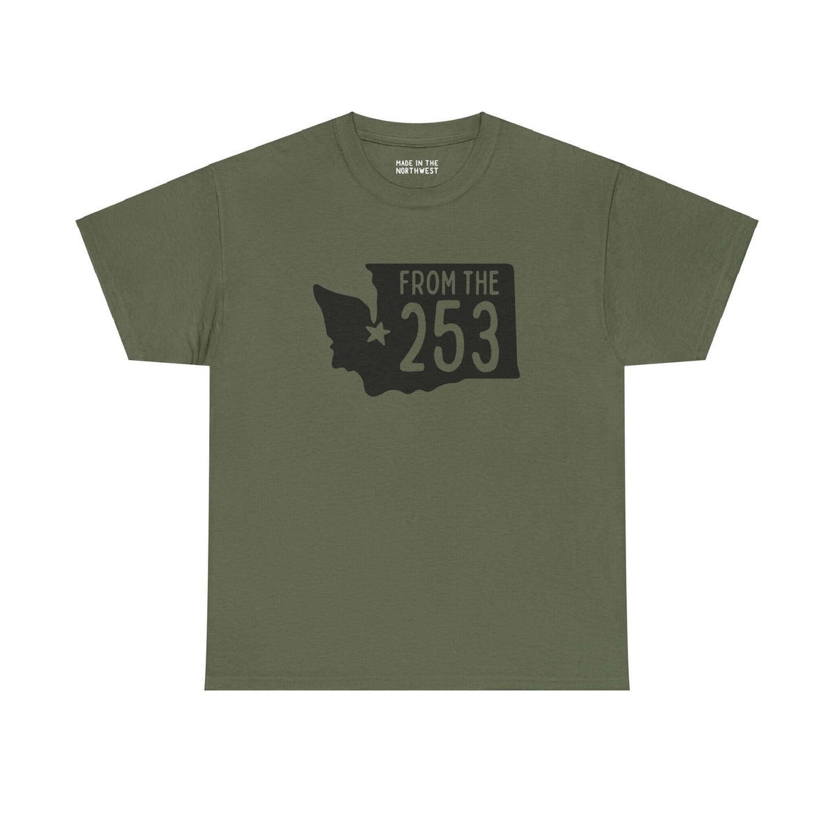 Olive green "From the 253" tee featuring Washington state silhouette with Tacoma star, showcasing area code pride.