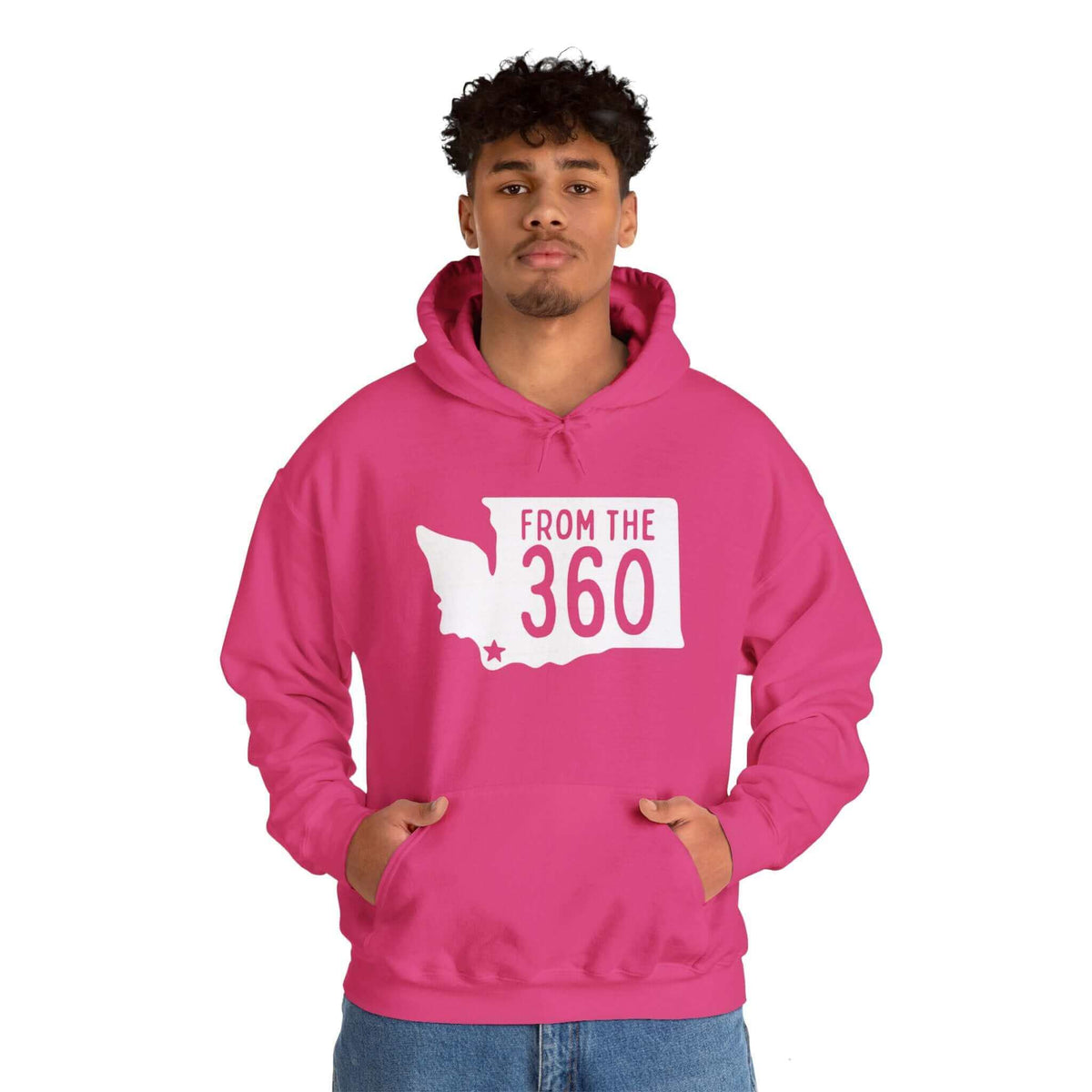 Man wearing a pink hoodie with "From the 360" design, Washington state silhouette, and Vancouver star, showing local pride.