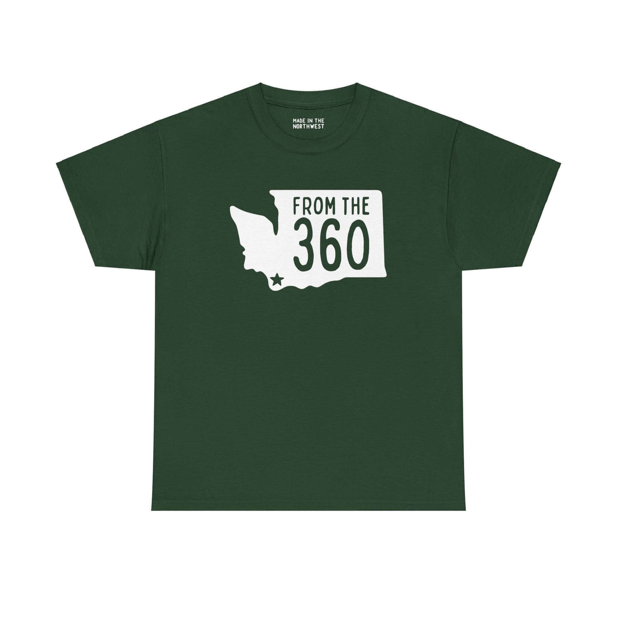 Dark green tee featuring Washington silhouette with "From the 360" text and Vancouver star, celebrating local pride and area code.