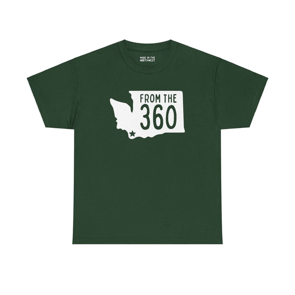 Dark green tee featuring Washington silhouette with "From the 360" text and Vancouver star, celebrating local pride and area code.