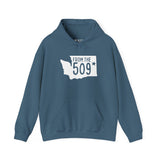 Cozy hoodie featuring Washington state silhouette and 'From the 509' text, perfect for showing local pride in Spokane.