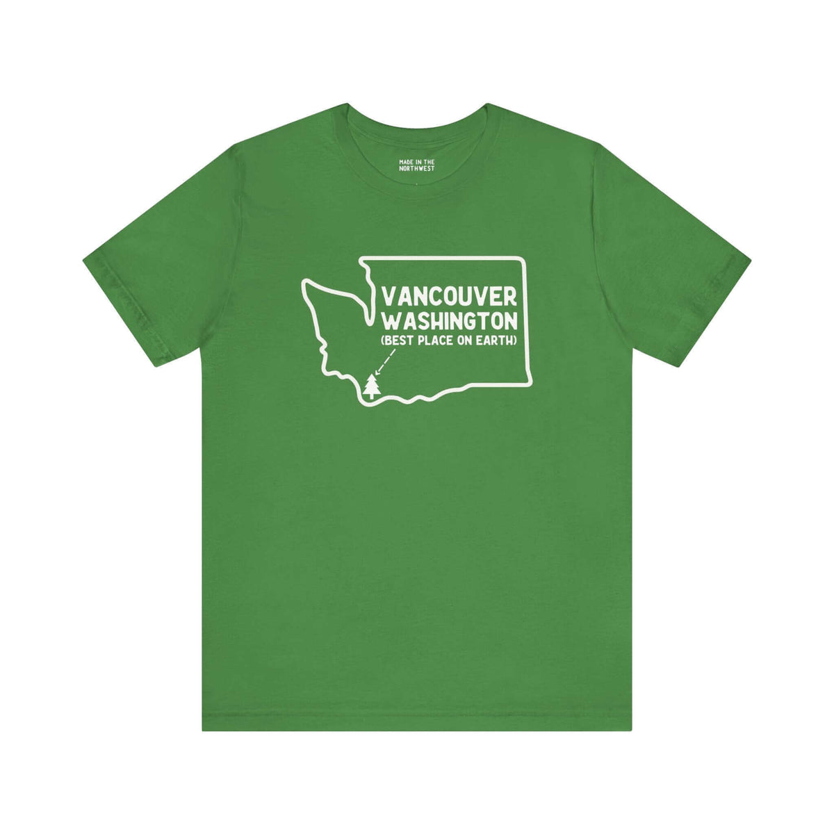 Green Vancouver Washington tee with state outline, tree icon, and "Best Place on Earth" slogan, celebrating hometown pride.