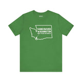 Green Vancouver Washington tee with state outline, tree icon, and 