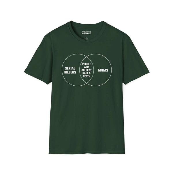 Serial Killers + Moms Venn Diagram Softstyle T-Shirt in dark green, showcasing humor for true crime fans and parents.