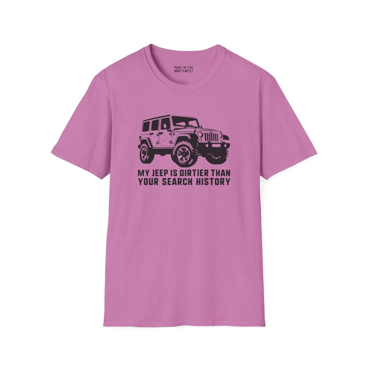 My Jeep is Dirtier Than Your Search History Softstyle T-Shirt in pink, designed for adventurous Jeep owners.
