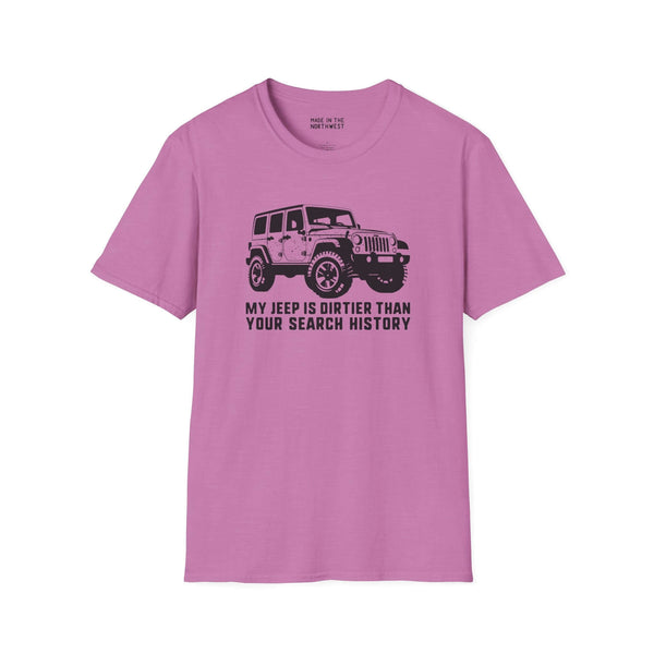 My Jeep is Dirtier Than Your Search History Softstyle T-Shirt in pink, designed for adventurous Jeep owners.