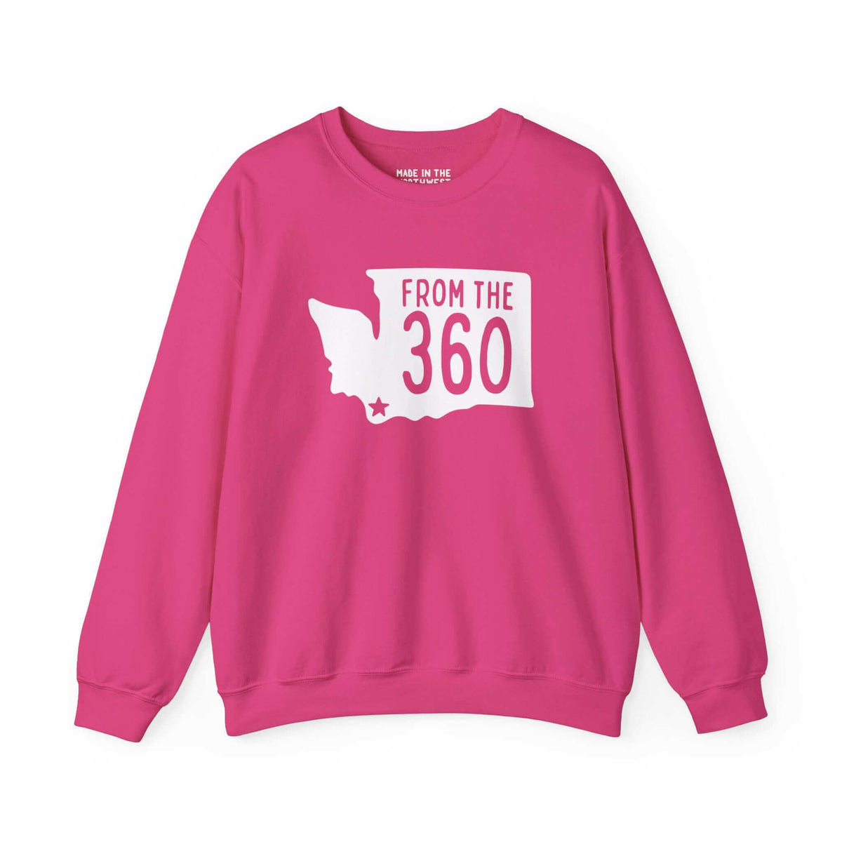 Pink sweatshirt with "From the 360" text and Washington state silhouette, featuring a star marking Vancouver.