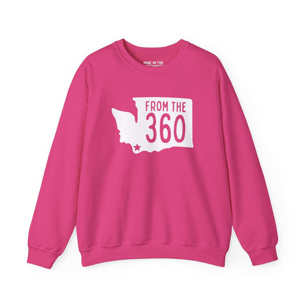 Pink sweatshirt with "From the 360" text and Washington state silhouette, featuring a star marking Vancouver.