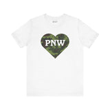 Camouflage PNW heart tee in white, featuring a camo heart with 