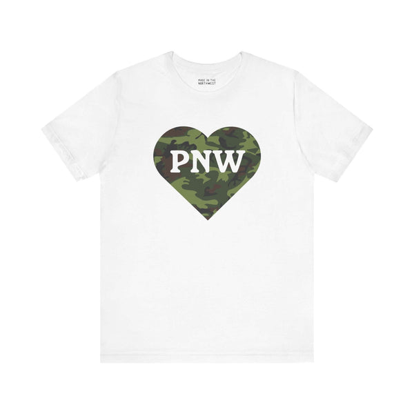 Camouflage PNW heart tee in white, featuring a camo heart with "PNW" text, ideal for Pacific Northwest style enthusiasts.