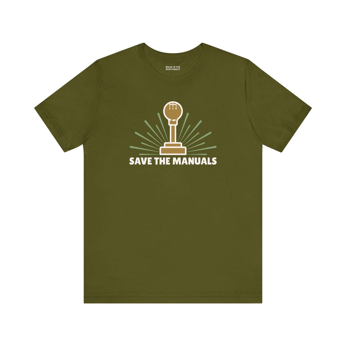 Save the Manuals T Shirt featuring a classic gear shift graphic in minimalist design on an olive green tee.