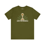 Save the Manuals T Shirt featuring a classic gear shift graphic in minimalist design on an olive green tee.