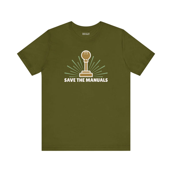Save the Manuals T Shirt featuring a classic gear shift graphic in minimalist design on an olive green tee.