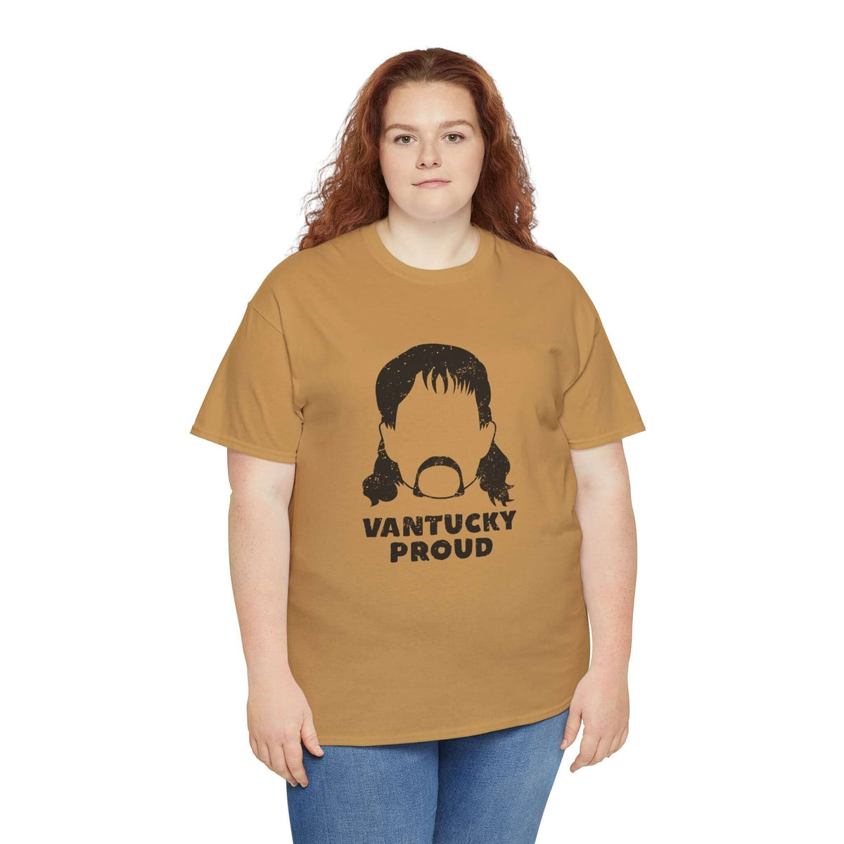 Model wearing Vantucky Proud Rusty McCoy athletic tee in a tan color, showcasing a bold graphic design.