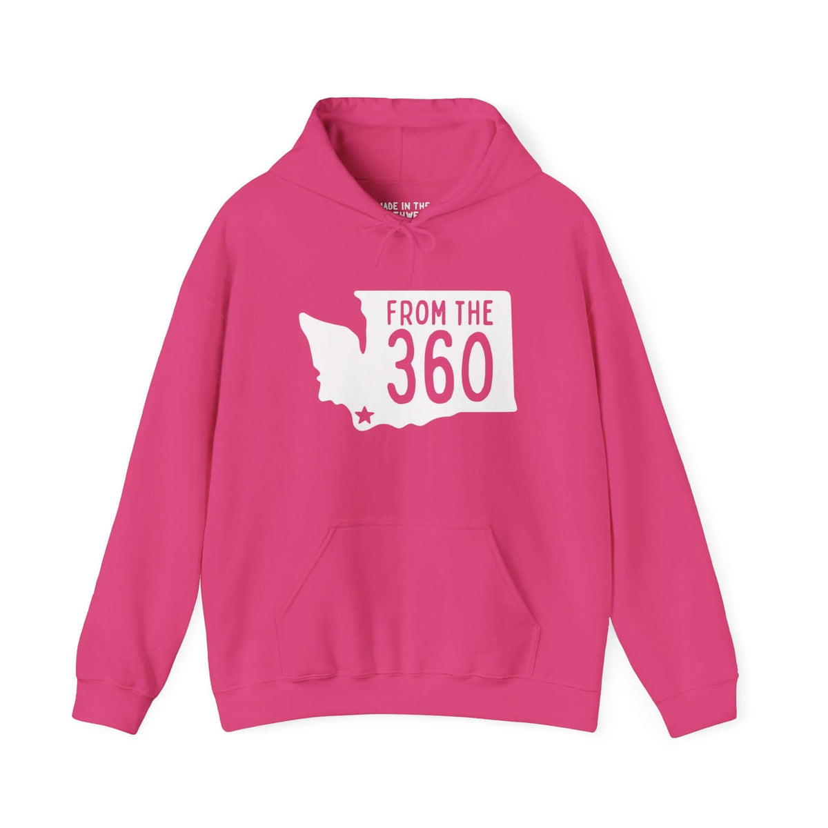 Pink "From the 360" hoodie with Washington state silhouette and star marking Vancouver.