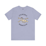 Light blue soft tee featuring 'It's Never a Mannequin' design, perfect for true crime fans.