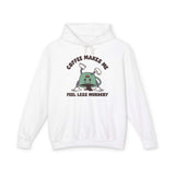 Coffee Makes Me Feel Less Murdery Hoodie with fun graphic design, perfect for coffee lovers with a sense of humor.