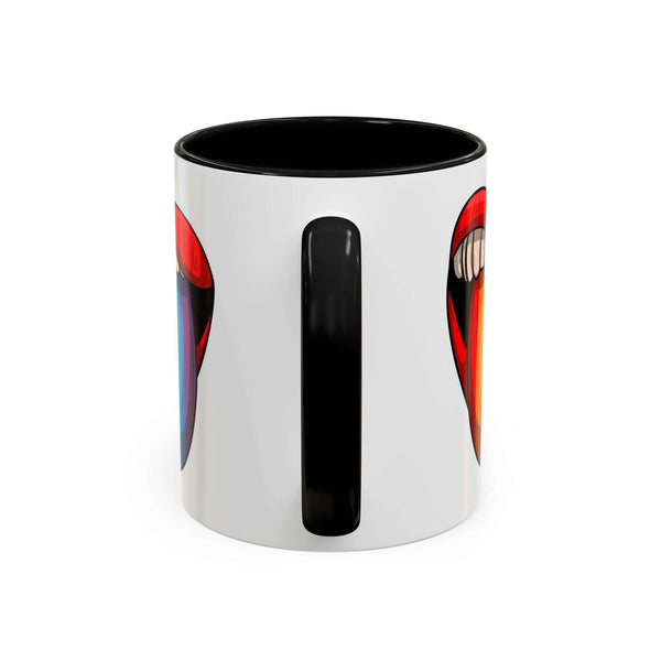 Rainbow Tongue Mug featuring a vibrant graphic of colorful tongues on a white background.