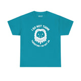 Teal tee featuring Sasquatch with 'I Do Not Think Therefore I Do Not Am' quote, blending humor and philosophy in a playful design.