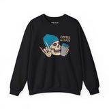 Coffee & Chaos sweatshirt featuring a skull with a beanie and coffee cup, perfect for rebellious coffee lovers.