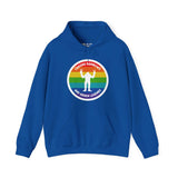 Blue Sasquatch hoodie with rainbow circle design, text 