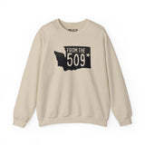 From the 509 Spokane cozy sweatshirt featuring Washington state silhouette and bold text design.