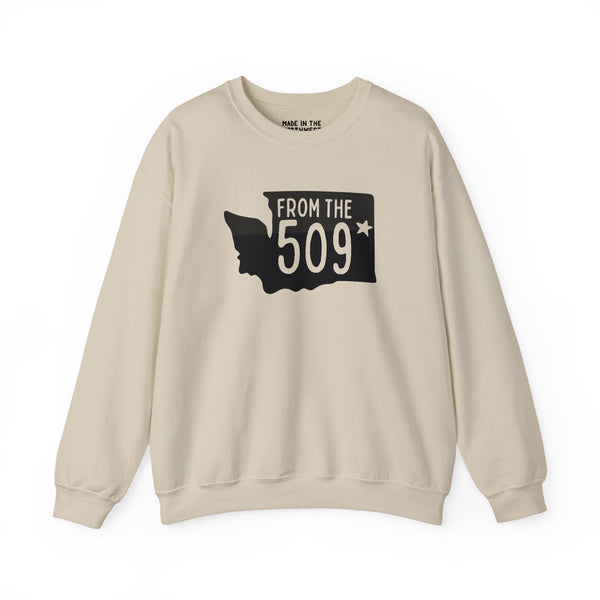 From the 509 Spokane cozy sweatshirt featuring Washington state silhouette and bold text design.