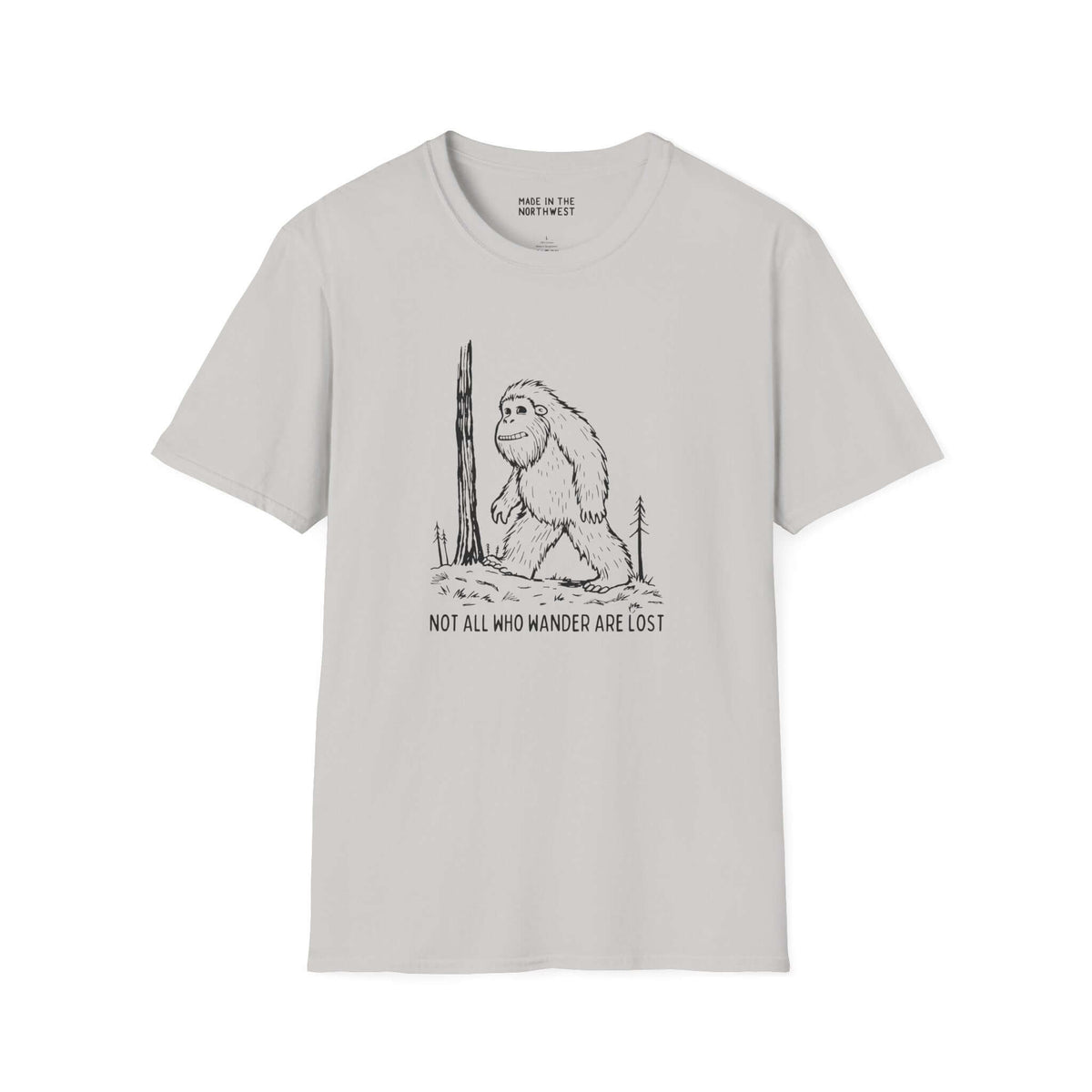 Not All Who Wander Are Lost Bigfoot graphic t-shirt in light gray, featuring Sasquatch design for outdoor enthusiasts.