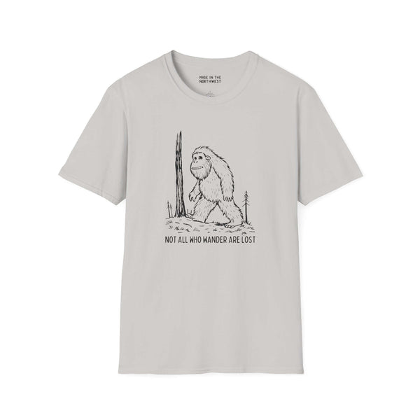 Not All Who Wander Are Lost Bigfoot graphic t-shirt in light gray, featuring Sasquatch design for outdoor enthusiasts.