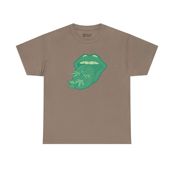 Tongue Tied and Lifted Athletic Tee featuring green tongue with marijuana leaves on a beige shirt.
