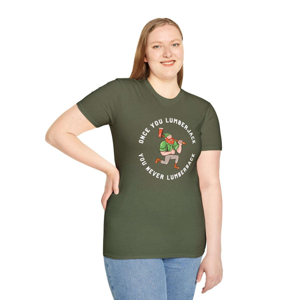 Once You Lumberjack vintage style softstyle t-shirt featuring a playful axe-wielding character in earthy tones.
