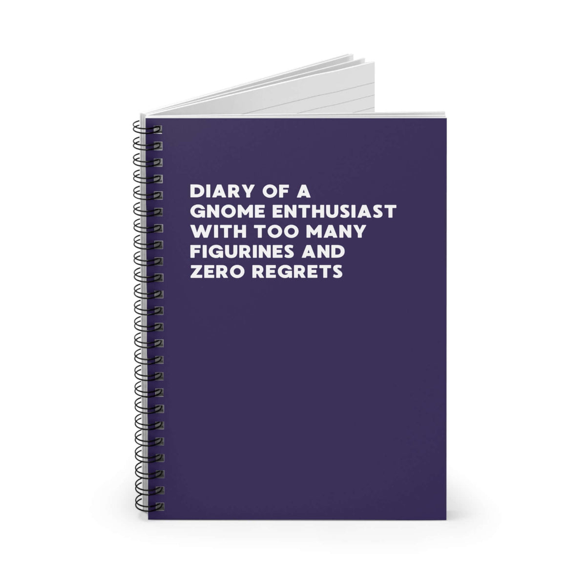 Spiral notebook titled 'Diary of a Gnome Enthusiast' for gnome lovers, featuring lined pages and whimsical design.