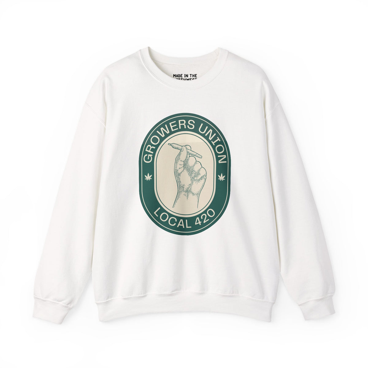 Grower's Union Local 420 cozy sweatshirt featuring a hand holding a joint, perfect for 420 culture enthusiasts.