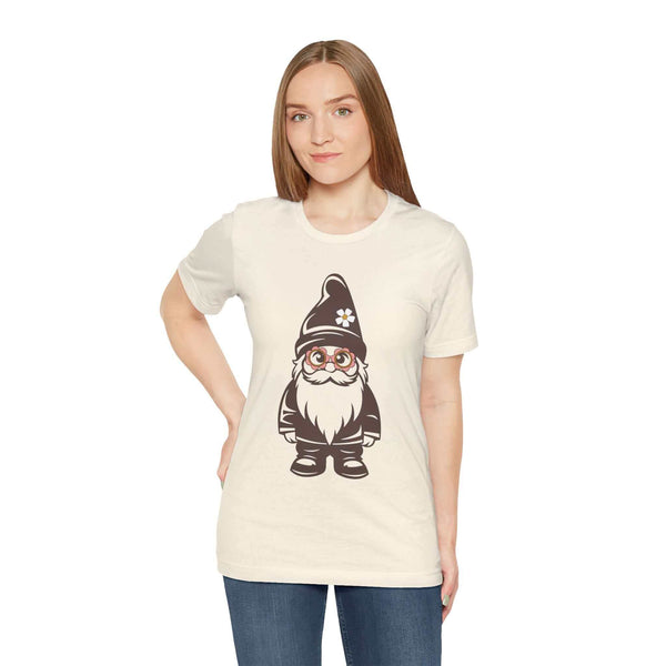 Woman wearing a Gnome’s Got Style Daisy Soft Tee with a hippie gnome design featuring daisy glasses and a daisy in the hat.