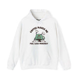 White hoodie with a cartoon coffee pot and text 