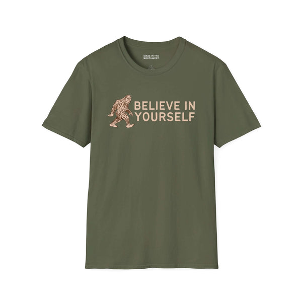 Believe in Yourself T Shirt featuring Bigfoot, an inspiring design in olive green promoting self-belief.