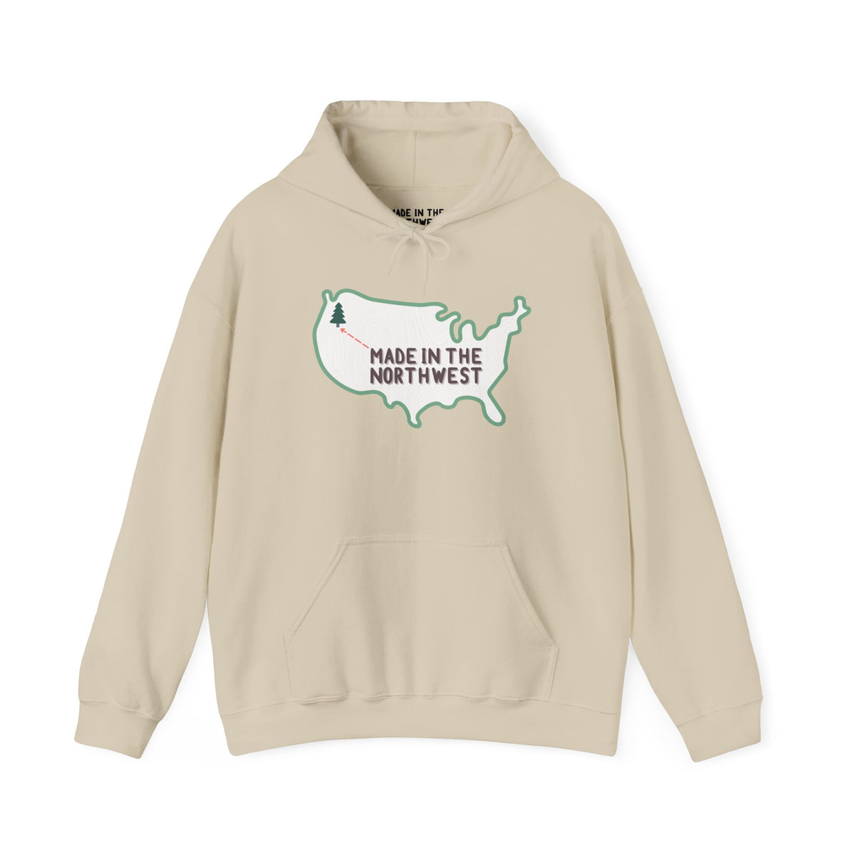 Light beige hoodie with map design and 'Made in the Northwest' text celebrating the Pacific Northwest.