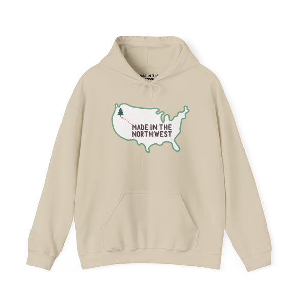 Light beige hoodie with map design and 'Made in the Northwest' text celebrating the Pacific Northwest.