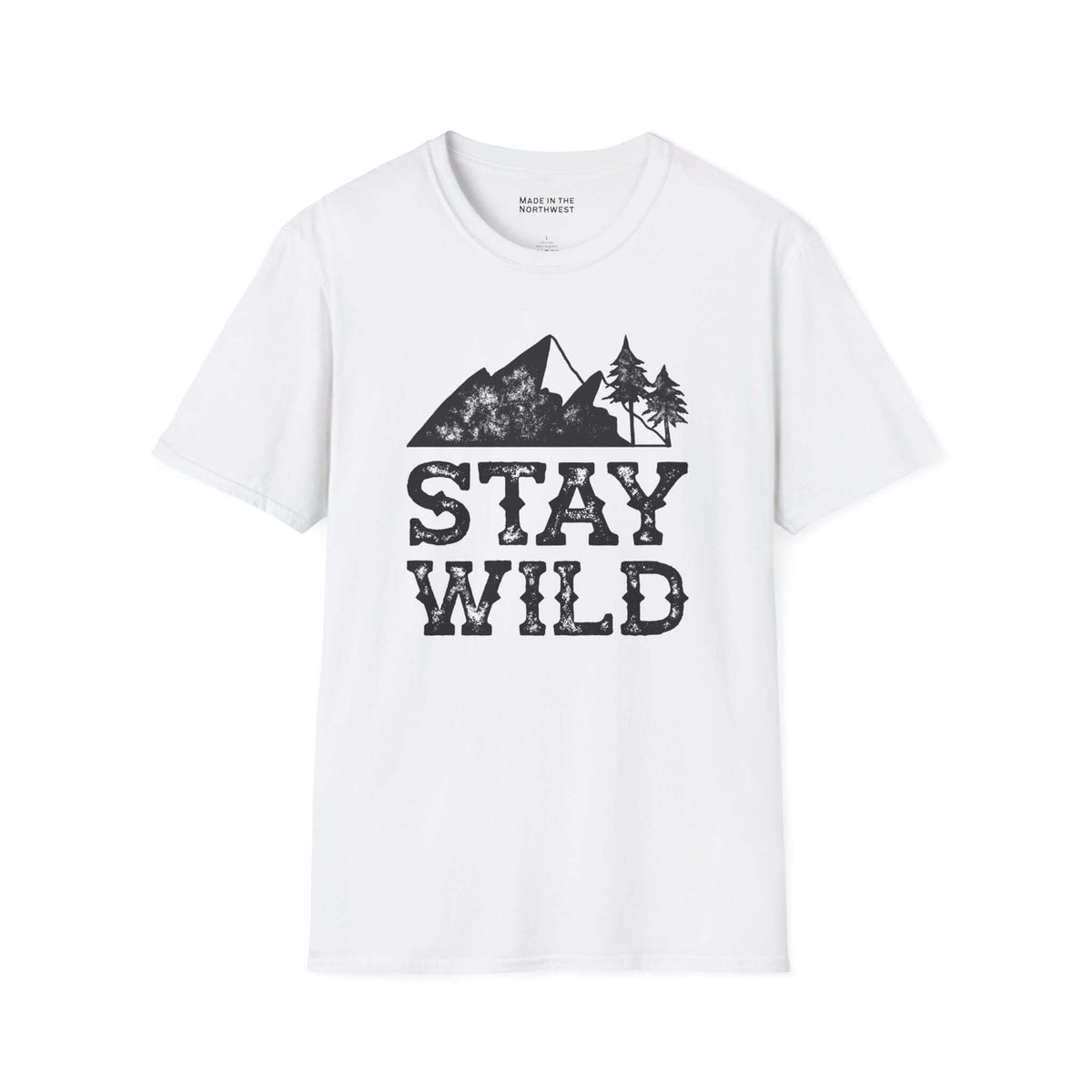 Stay Wild T Shirt – Distressed Mountain Outdoor Tee with nature graphics on a white background.