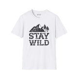 Stay Wild T Shirt – Distressed Mountain Outdoor Tee with nature graphics on a white background.