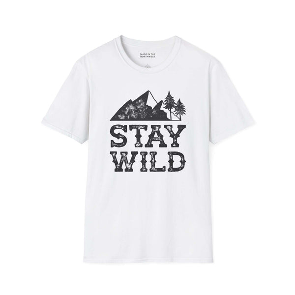 Stay Wild T Shirt – Distressed Mountain Outdoor Tee with nature graphics on a white background.