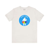 Bigfoot's Pride Parade tee featuring a whimsical silhouette with rainbow tutu and crown, celebrating Pride.