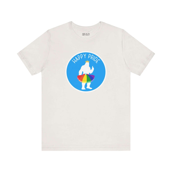Bigfoot's Pride Parade tee featuring a whimsical silhouette with rainbow tutu and crown, celebrating Pride.